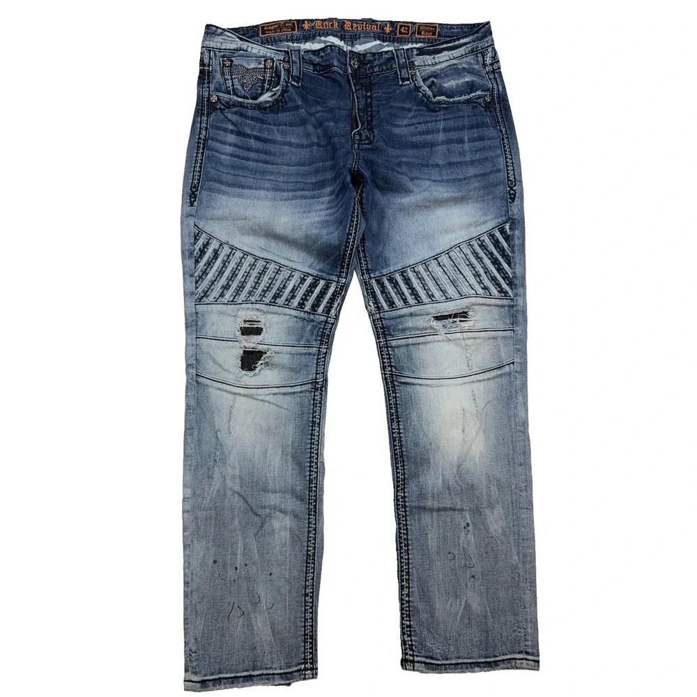 Rock Revival Men's Wilkins Biker Jeans Factory Distressed Paint Spots Size 42